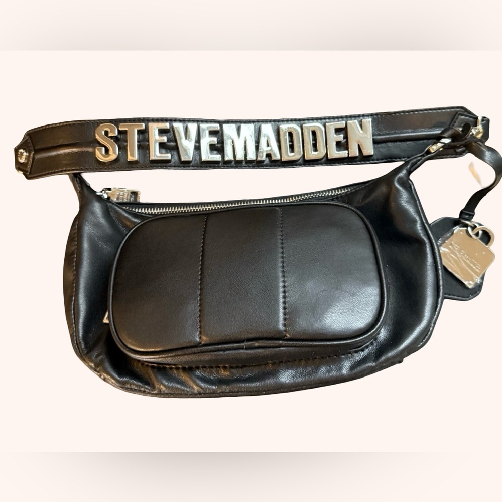 Steve Madden NWT Black Brhodes Shoulder Bag Bold Brand Silver Bling Logo (P141) - Picture 2 of 12